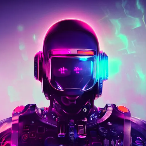 Image similar to cyberpunk concept cool cyborg bot, cinema 4 d, galaxy, cosmos, ufo, space sci - fi, wearing vr goggles, illustration, portrait, pastel neon textured background night, trending on artstation, greg rutkowski, octane rendered, 1 2 k, detailed,