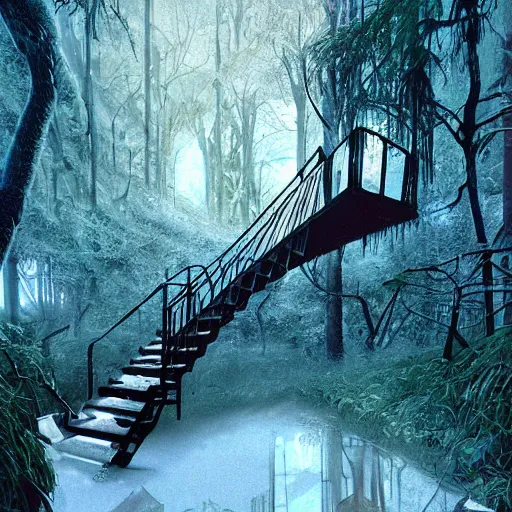 Image similar to stairs leading to a frozen derelict portal in a middle of a snowy lush futuristic forest, green lush world seen only through a portal, daylight, cinematic lighting, blue sky, syd mead, john harris
