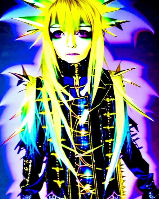 Image similar to a hologram of rimuru tempest with golden yellow eyes and sky blue hair, wearing a gothic spiked jacket, holography, irridescent, baroque visual kei decora art