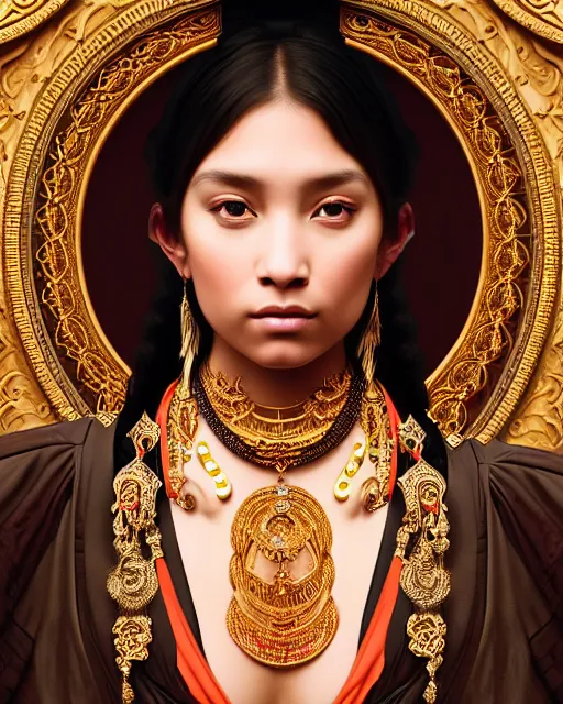 Prompt: photo of a gorgeous young tribal woman wearing elaborate baroque jewelry and rococo ornaments in the style of stefan kostic, realistic, sharp focus, symmetric, 8k high definition, insanely detailed, intricate, elegant, art by stanley lau and artgerm, William-Adolphe Bouguereau