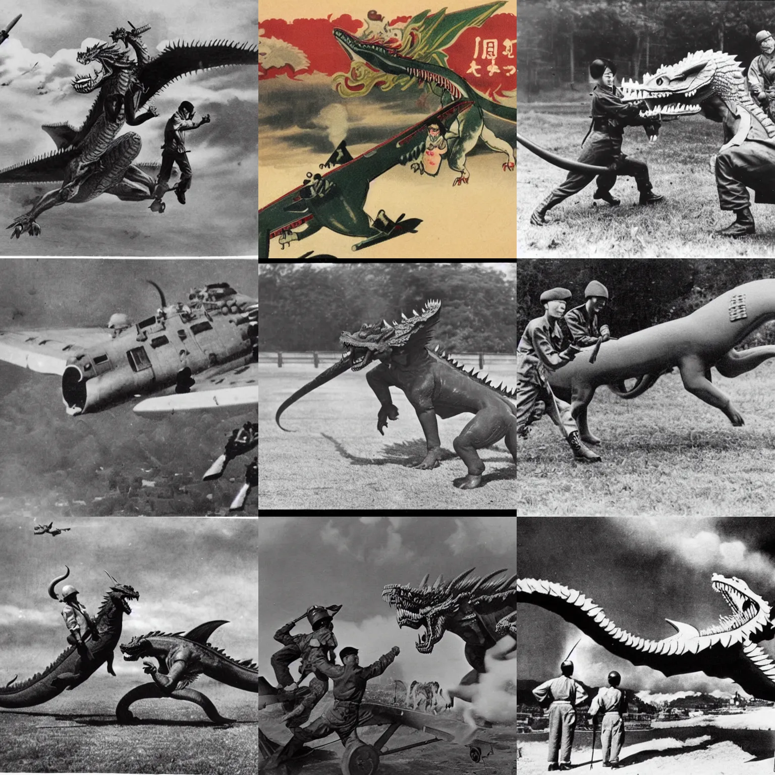 Prompt: WW2 photo of Japanese dogfighters fighting a giant Oriental Dragon, Colorized,