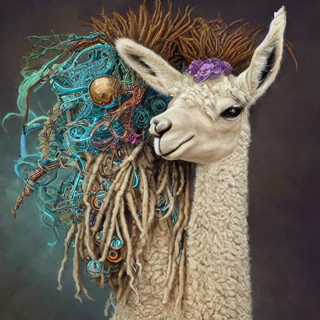 Image similar to llama with dreadlocks, ancient, by mandy jurgens, ernst haeckel, james jean