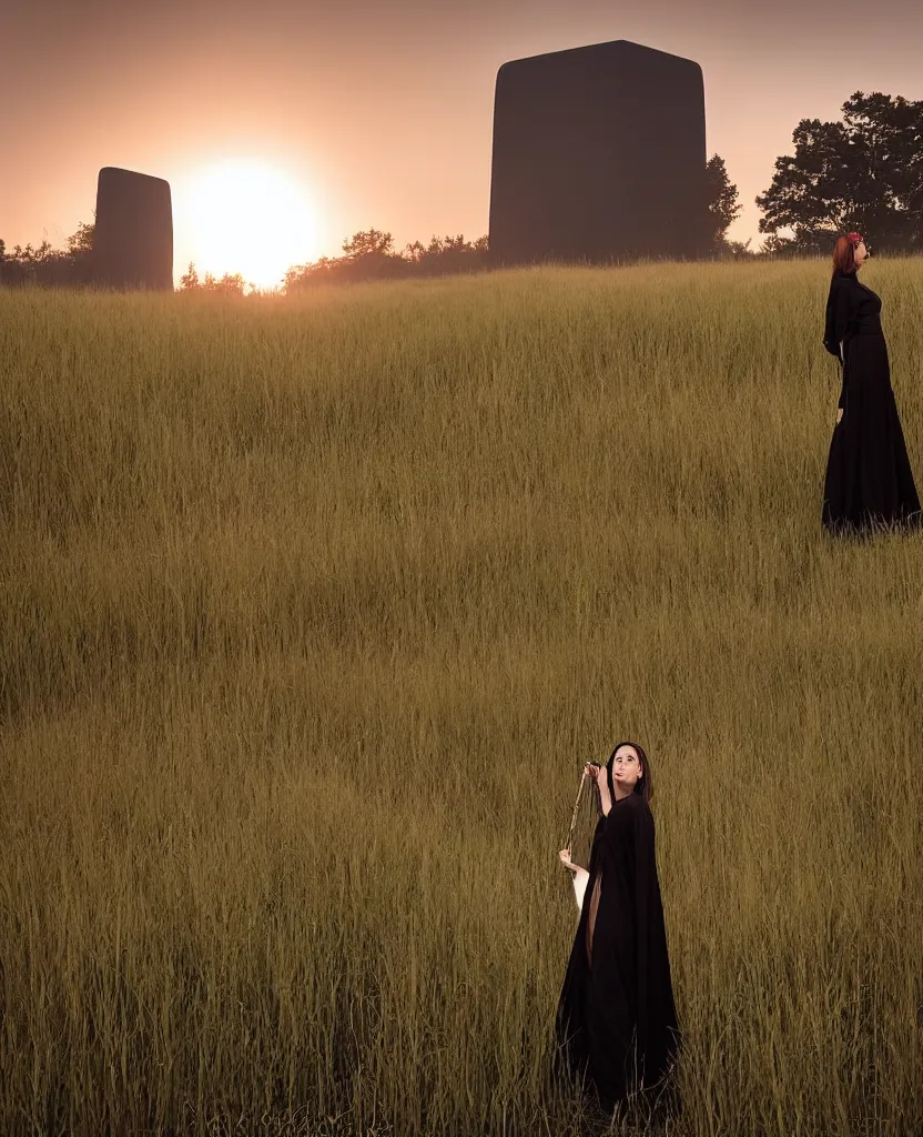 Prompt: “ a woman wearing a black gown holding an umbrella while standing in a tall grass field during a misty sunset surrounded by forest, a glowing monolith appears in the sky, photograph ”