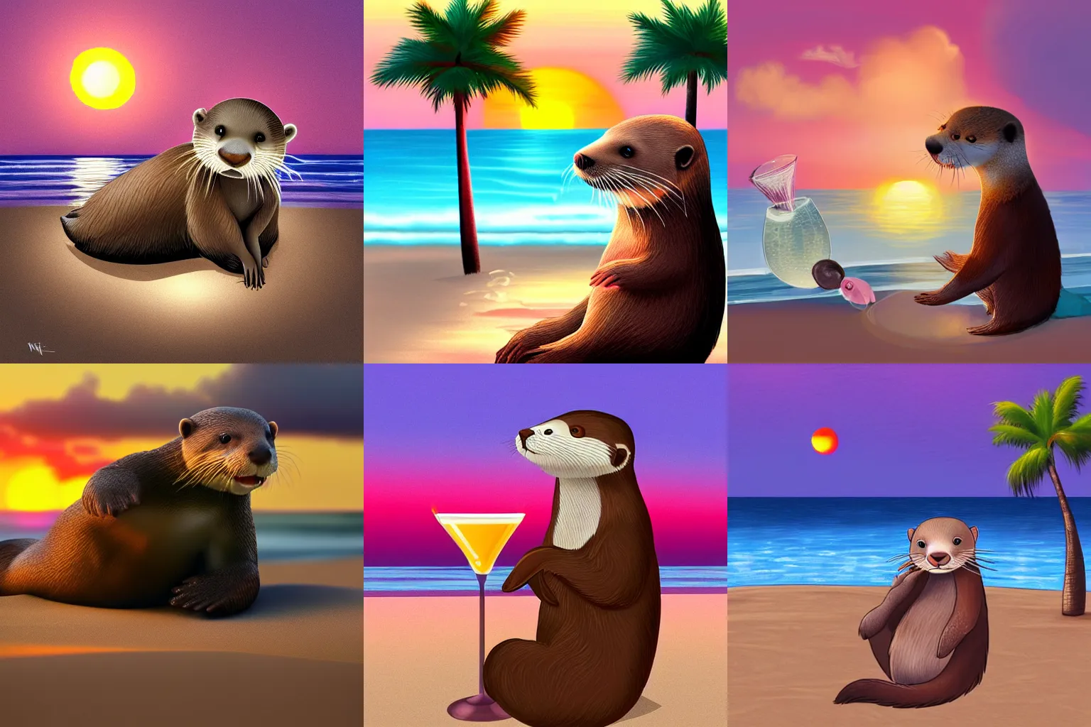 Prompt: a cute otter having a cocktail on the beach, sunset in the background, digital art, trending on artstation