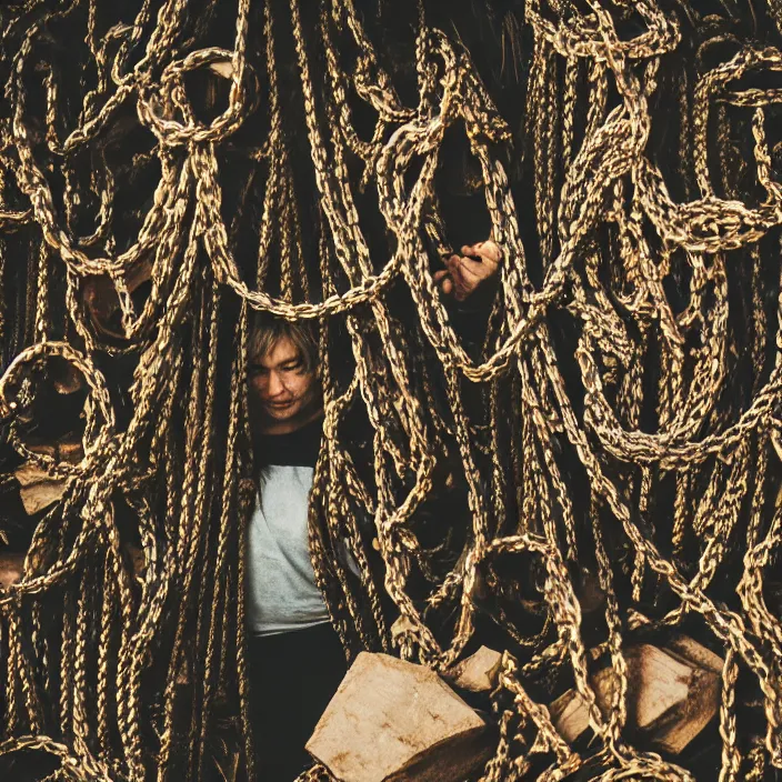 Image similar to a closeup of a woman carrying a pile of chains, in a forest, by Erik Almas, CANON Eos C300, ƒ1.8, 35mm, 8K, medium-format print