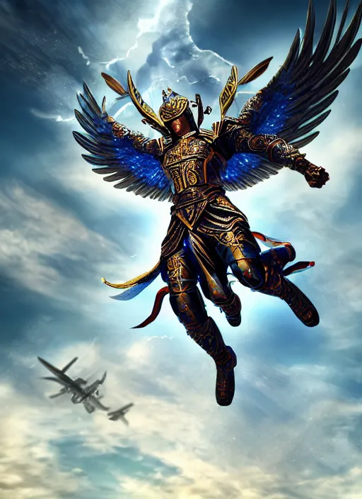 Image similar to archangel micheal flying in sky by huang guangjian, taekwon kim rostbite 3 engine, cryengine, dof, trending on artstation, digital art, chanel, dior, fantasy and detailed and intricate background