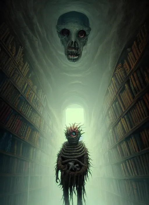 Prompt: highly detailed surreal vfx portrait of a creepy monster in a catacomb of books, cinematic view, detailed, vector art, high detail, warm lighting, volumetric, godrays, vivid, beautiful, trending on artstation, by jordan grimmer, huge scene, grass, art greg rutkowski