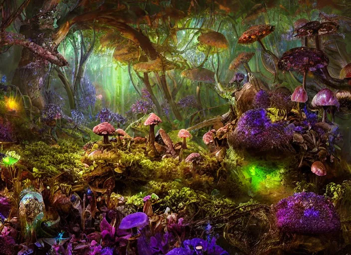 Image similar to glowing delicate flower and mushrooms that grow in a dark fatansy forest on the planet Pandora,