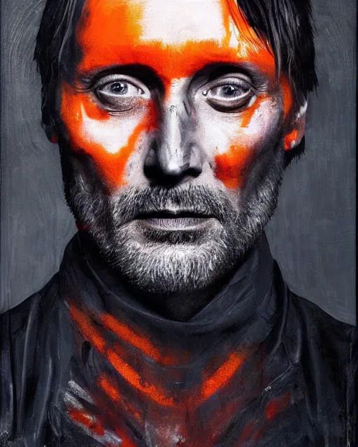 Image similar to mads mikkelson as clifford unger from death stranding, tears of tar, mysterious portrait, oil painting, orange fill light