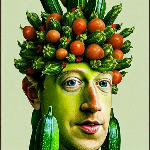 Image similar to mark zuckerberg as a zucchini, vegetable market stand in the background, digital painting by arcimboldo