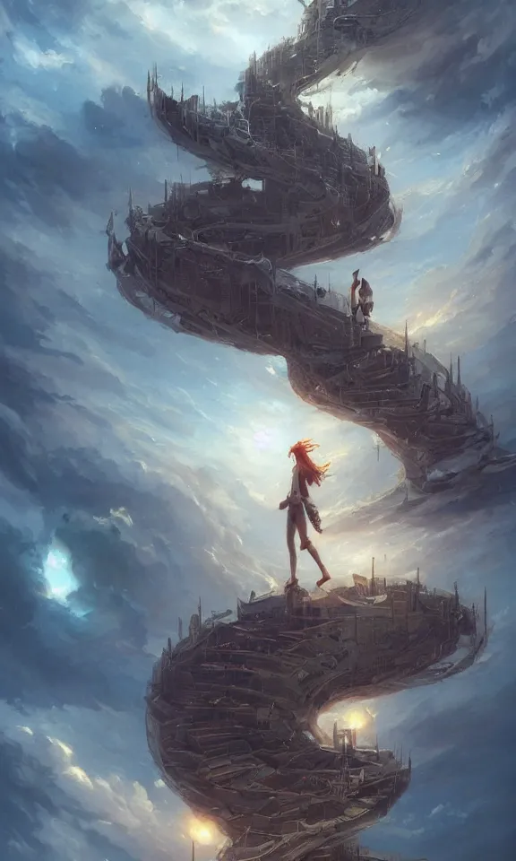 Prompt: endless book stairway to universe, sky full of clouds, art by greg rutkowski and peter mohrbacher, featured in artstation, octane render, cinematic, elegant, intricate, ultra detailed, rule of thirds, professional lighting, unreal engine, fantasy, concept art, sharp focus, illustration, 8 k