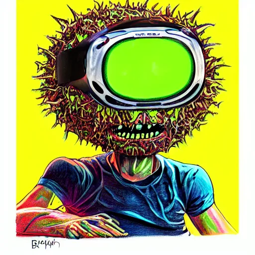 Prompt: a tennis ball monster, wearing VR goggles, digital art, fantasy, magic, trending on artstation, ultra detailed, professional illustration by Basil Gogos