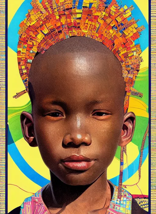 Image similar to colourful upper half portrait of an african boy - in japanese retro poster illustration style, magazine collage art by hsiao - ron cheng & alphonse mucha, magazine collage, highly detailed, digital painting, illustration, smooth, sharp focus, intricate, clustered, busy, pinterest, behance,