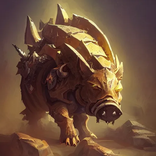 Prompt: an armored boar, boar ’ s tusks, yellow theme, bright art masterpiece artstation. 8 k, sharp high quality artwork in style of jose daniel cabrera pena and greg rutkowski, concept art by tooth wu, blizzard warcraft artwork, hearthstone card game artwork, armored boar