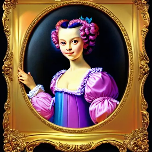 Prompt: baroque rococo pastel beautiful princess with kitten Greg Hildebrandt Lisa frank portrait
