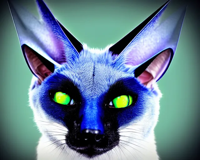 Prompt: a blue - and - black male blue / green heterochromatic catbat fursona with blue / green heterochromatic eyes ( one eye green ) and huge bat ears, photo of the catbat streaming on his computer