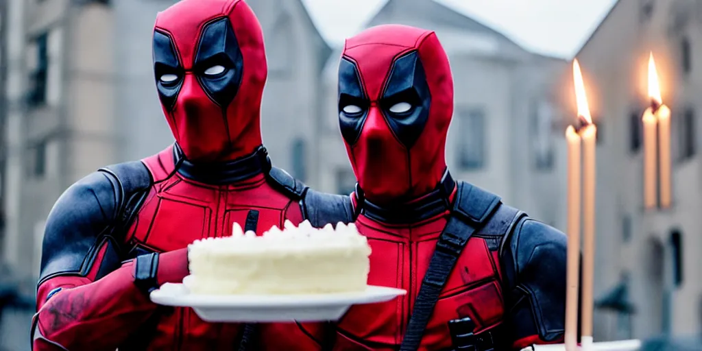 Prompt: still film, deadpool holding a birthday cake in bergen norway, candles in his head, high resolution