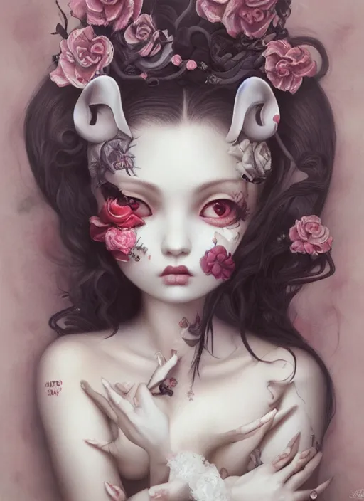 Image similar to pop surrealism, lowbrow art, realistic cute seductive female painting, japanese style, hyper realism, muted colours, rococo, kaname ozuma, natalie shau tom bagshaw, mark ryden, trevor brown style,