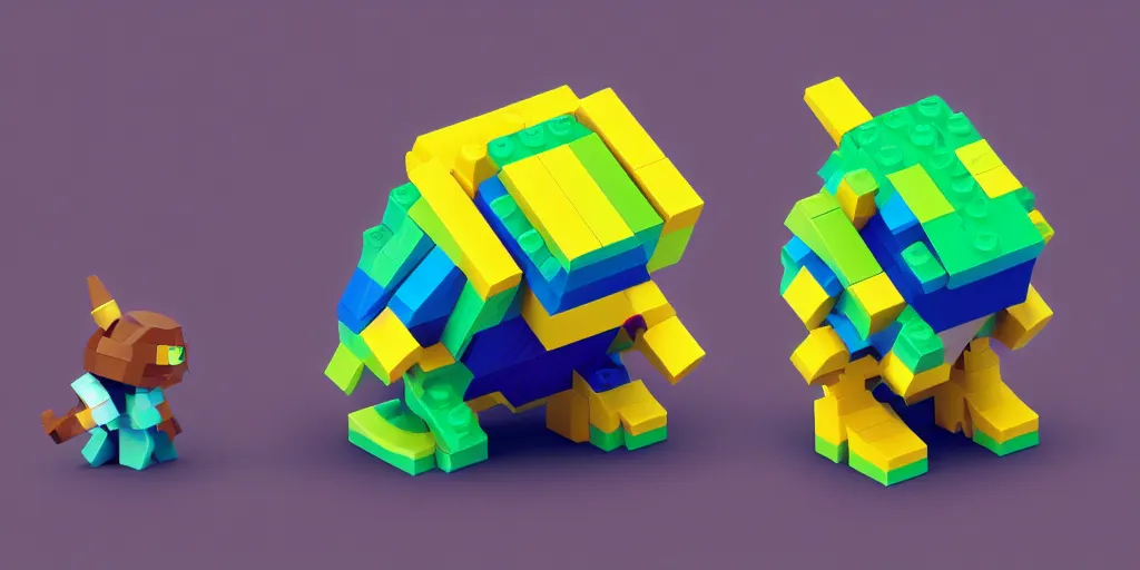 Prompt: tiny creature made of one brick, big round cute eyes, quadrupedal, cute looking, blocky shape, kawaii, sharp focus, character, game concept art, blocky, lego mixels, flat toon style like katamari damacy inspired, pokemon inspired, promotional poster art, high quality voxel render