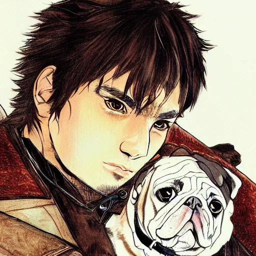 Image similar to self portrait, young white hispanic handsome man with short light brown hair and light skin and a 5 o clock shadow and holding a pug while fighting against 2 swordsmen pencil art, added detail, high definiton, colored, backfacing, illustrated by yoji shinkawa