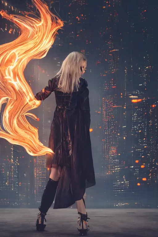 Image similar to young blonde woman from behind with flames dancing on her hands with a long jacket in a cyberpunk city, realistic, high definition, 4K, shimmering color, art of pixal