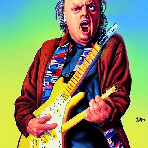 Image similar to Rik Mayall Shredding on an electric guitar, artwork by Jason Edmiston