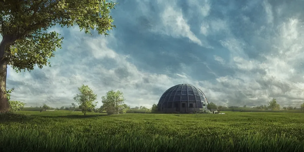 Image similar to large round sci-fi building, next to farm fields and trees, sense of hope, daytime and blue sky, digital art, art station, extremely detailed