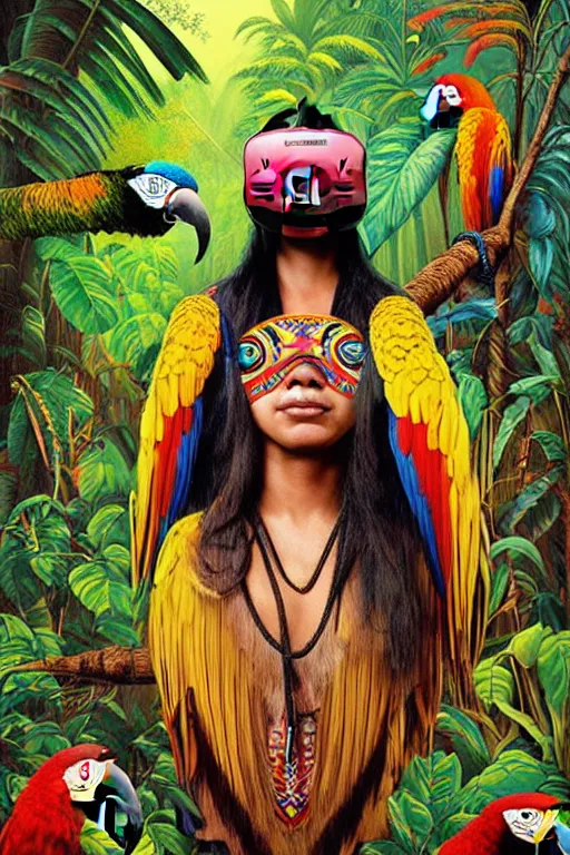 Prompt: an indigenous ecuadorian huaorani young woman enjoying with a vr headset in the jungle, macaws, poster art by daniele caruso, benediktus budi, jason edmiston, vc johnson, powell peralta, volumetric light, foggy ambience
