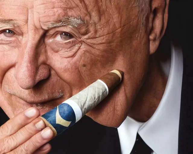 Image similar to piero angela lighting a cigar, intense photo, studio lighting, mood, feels