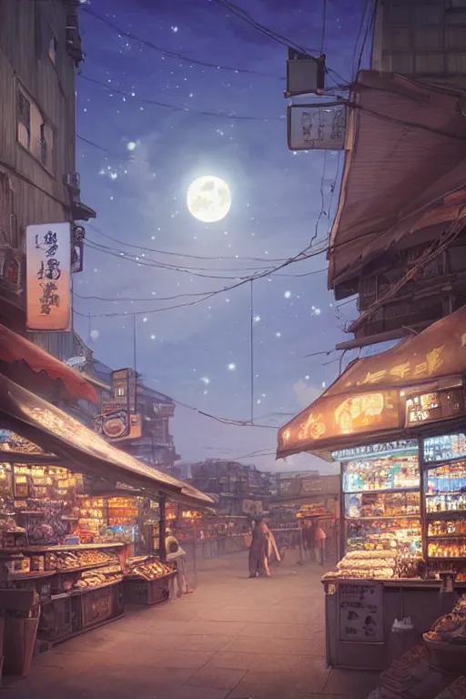 Image similar to a highly detailed matte painting of a single market stall with a sign under the moon and stars by studio ghibli, makoto shinkai, by artgerm, by wlop, by greg rutkowski, volumetric lighting, octane render, 4 k resolution, trending on artstation, masterpiece