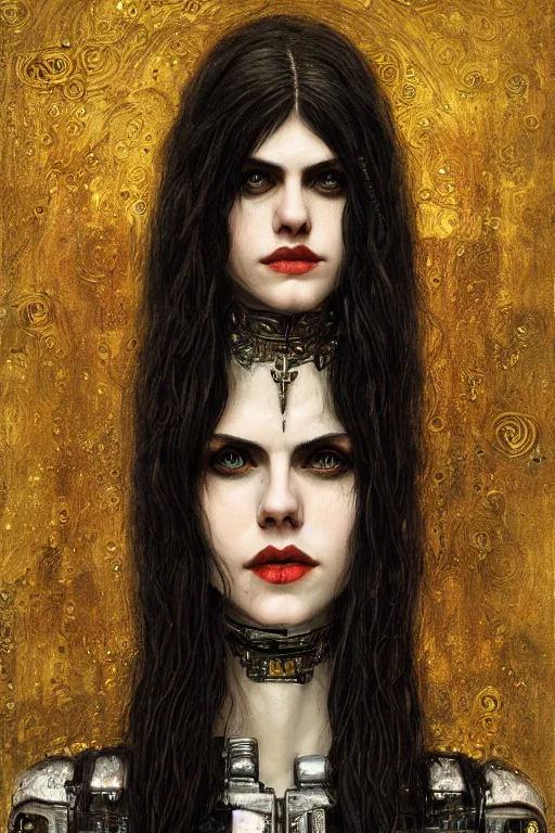 Image similar to portrait of beautiful gothic Alexandra Daddario, cyberpunk, Warhammer, highly detailed, artstation, illustration, art by Gustav Klimt