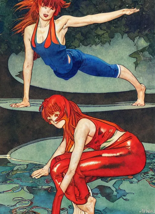 Prompt: an art nouveau copic maker illustration of asuka langley doing yoga by norman rockwell and john berkey