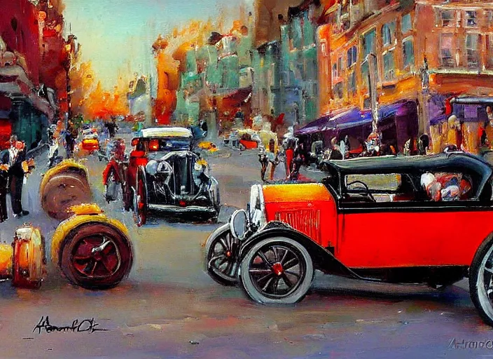 Image similar to hotrods driving down a street , vintage, highly detailed, by Antoine blanchard