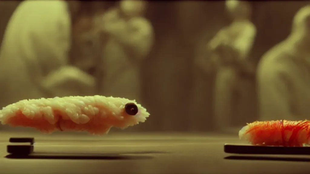 Image similar to a tiny strange creature barely appears on a piece of sushi, film still from the movie directed by Denis Villeneuve with art direction by Zdzisław Beksiński, wide lens