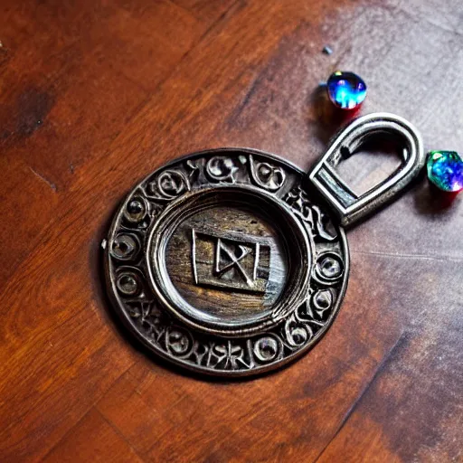 Image similar to a large ornate key with gems and engraved runes, on a wooden dungeon table, d & d, photo