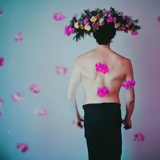 Prompt: kodak portra 4 0 0 photograph of a skinny goth guy standing in a cluttered bedroom, back view, flower crown, moody lighting, telephoto, 9 0 s vibe, blurry background, vaporwave colors, faded!,