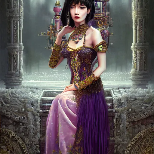 Image similar to photorealistic soft paint of a single very beautiful asian princess full long dress, ultra deep fog, purple black lustrous thin haircut, partial symmetry accurate features, focus, very intricate ultrafine details, award winning masterpiece, steampunk world, rudolf freund dan mumford tom bagshaw