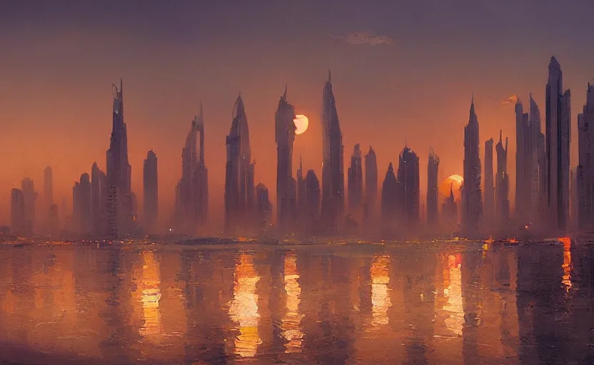 Prompt: oil painting of dubai skyline at sunset, natural light, concept art, by greg rutkowski, cozy atmospheric and cinematic lighting