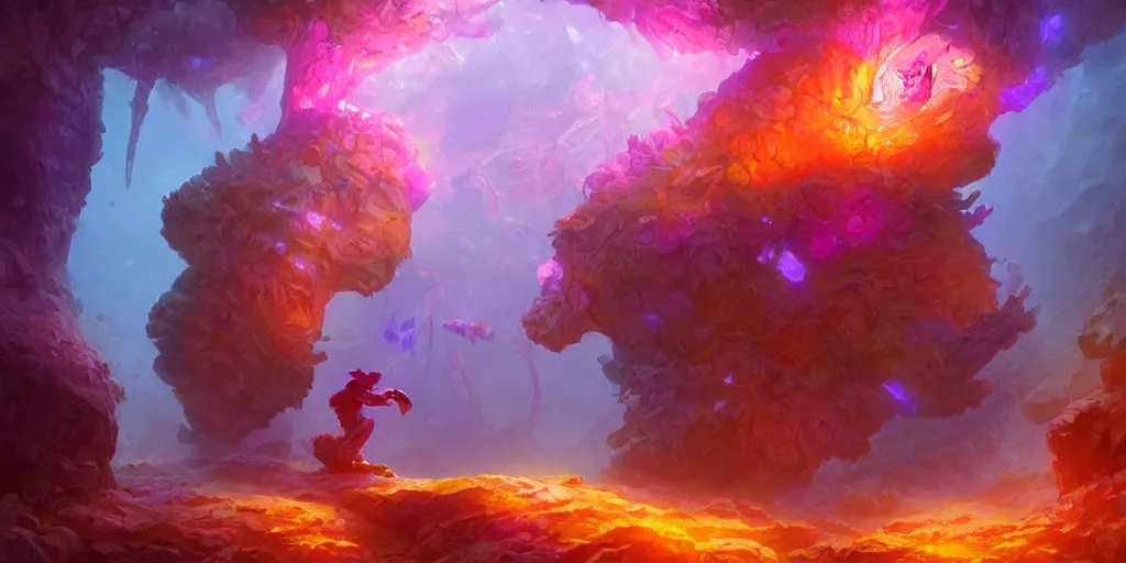 Image similar to crystal golem creature, purple orange pink colors, underwater coral cavern background, concept art, beautiful lights, d & d, fantasy, highly detailed, masterpiece, volumetric lighting, digital painting, artstation, smooth, sharp focus, illustration, art by artgerm, by greg rutkowski