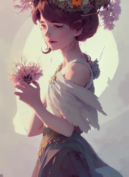 Image similar to portrait of cute fairy girl with crown of flowers fantasy, by atey ghailan, by greg rutkowski, by greg tocchini, by james gilleard, by joe gb fenton, by kaethe butcher, dynamic lighting, gradient light blue, brown, blonde cream and white color in scheme, grunge aesthetic