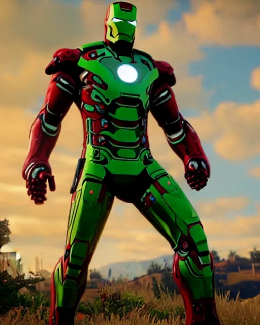 Image similar to green iron man suit in red dead redemption 2, cinematic, photorealistic