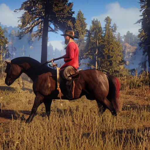 zesty-seal663: Arthur Morgan from Red Dead Redemption 2 riding his horse  across the country