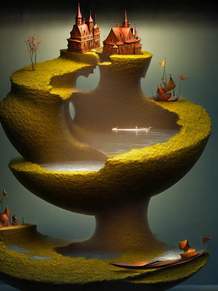 Image similar to extendable anise diorama an immense gigantic ornated iron cup with a lake inside, water in excess droping by, boats, castle, sunset, volumetric light, godrays, gediminas pranckevicius