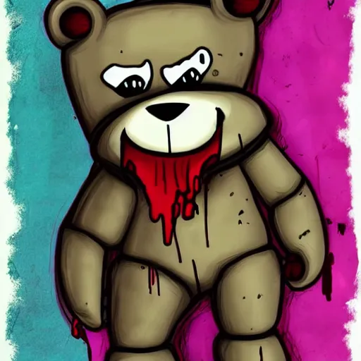 Image similar to grunge cartoon drawing of a teddy bear with bloody eyes by - danny phantom, loony toons style, horror theme, detailed, elegant, intricate