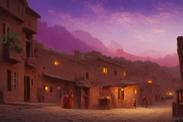 Prompt: in the middle of a adobe house kasbah town, mud and brick houses, merchant street, pueblo architecture, colorful crowd. Scenic view at night, underexposed, clean horizon, matte painting by raphael lacoste and marc simonetti and craig mullins and christophe vacher, trending on artstation