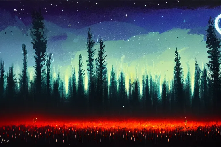 Prompt: artillery lights up the night sky, forest clearing background, at night, oil on canvas, bloom highlights, view from the ground, poster art, darkness, video game art, digital art, fine brushstrokes, hdr, 4 k