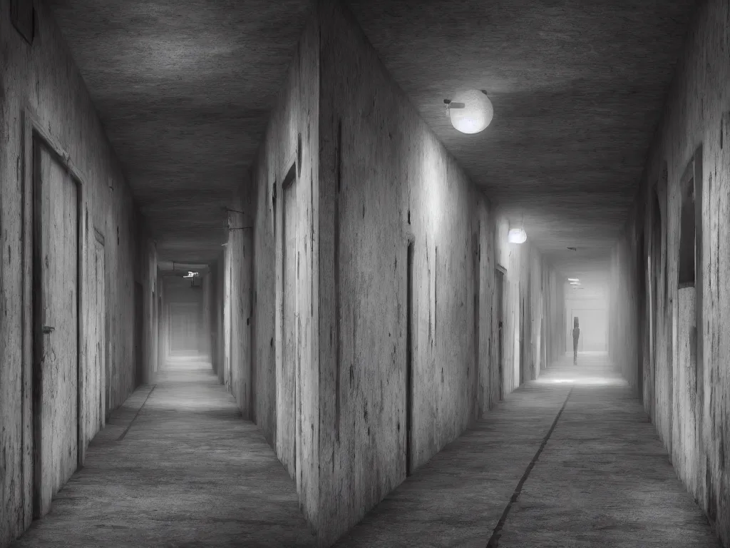 Image similar to dark and dim corridor, haunted, long exposure, detailed, hyper realistic, photorealism, ultra wide angle view, cinematic, peaceful, volumetric lighting