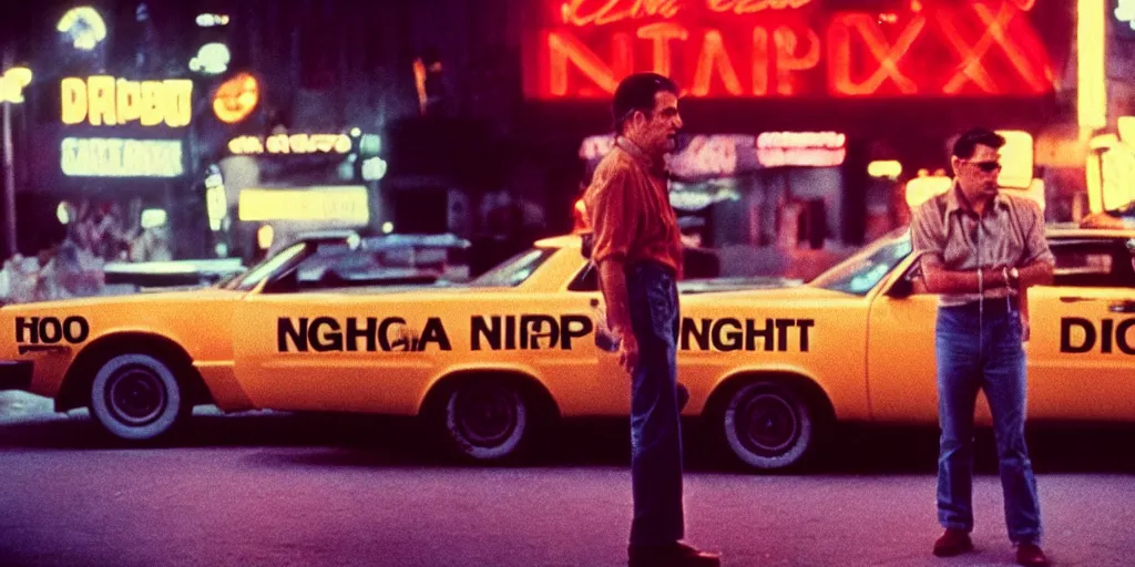 Prompt: 8 0 s polaroid photo, cinema still from movie taxi driver, robert de niro watching night streets, neon signs, colorful haze, americana, high production value, 8 k resolution, hyperrealistic, photorealistic, high definition, high details, tehnicolor, award - winning photography, masterpiece, amazing colors