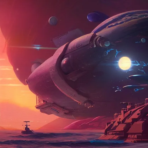 Prompt: a battleship space station above planet neptune, digital art illustrated by greg rutkowski and moebius and loish and artgerm, painterly, illustration, backlit, rendering, highly detailed 8 k, intricate, lifelike, soft light, concept art, cinematic lighting, intricate details, octane rendering, trending on artstation, featured on behance masterpiece