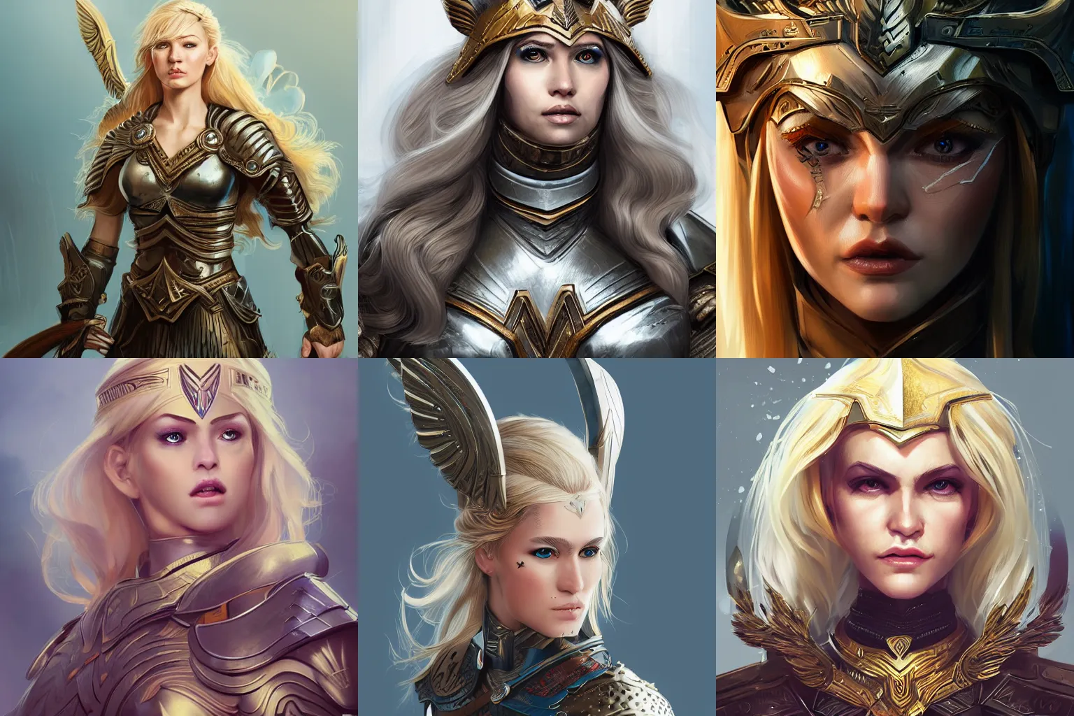 Prompt: a portrait of a Valkyrie with blonde hair wearing ornate armor, photoshop, artstation, Evan Lee, Xintong Chen